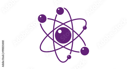 Abstract illustration depicting the structure of an atom with orbiting particles in purple color