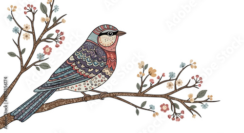 Fotografie Vintage folk art bird illustration on flowering branch, decorative bohemian song