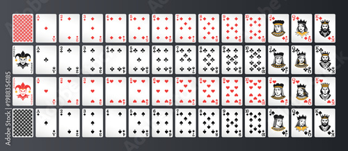 Complete set of playing cards vector illustration on dark background.