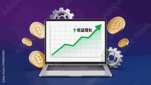 Laptop with rising graph and bitcoin coins