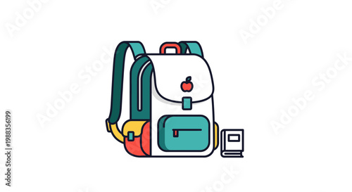 Colorful cartoon school backpack with book illustration on white background, vector design.