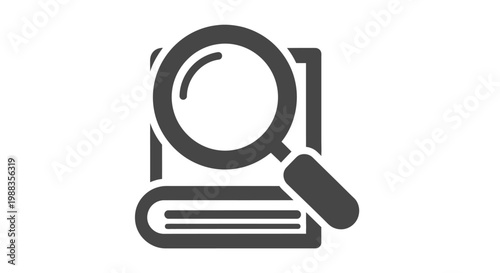 Magnifying glass icon overlaying a book illustrating research and knowledge