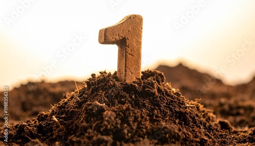 A metallic number “1” standing in soil under warm sunlight, symbolizing beginnings, growth, foundation, achievement, and new opportunities.