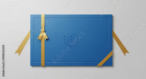 Presentation of a blue box with a gold ribbon, a symbol of honor and achievement
