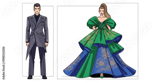 Man in Suit and Woman in Gown Fashion Illustration.