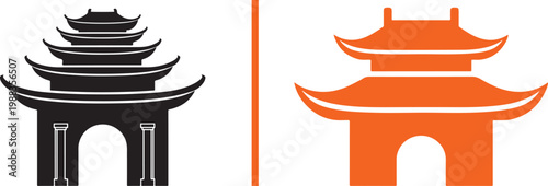 Asian pagoda and temple gate vector icons in black and orange flat design for travel and cultural branding