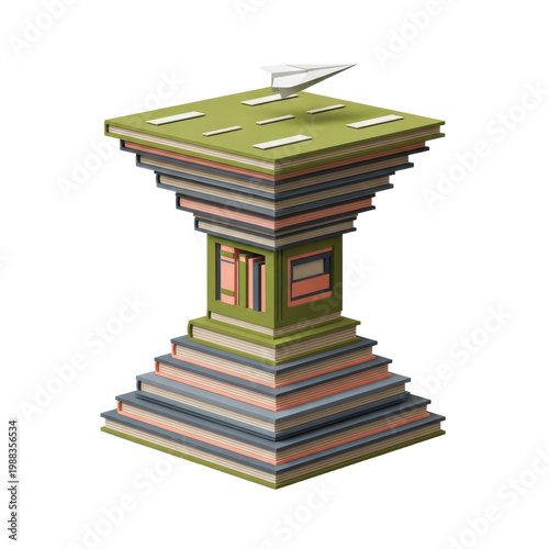 Book stack hourglass with paper airplane concept