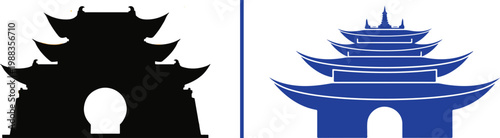Traditional Asian Pagoda and Temple Gate Vector Icons in Black Silhouette and Blue Flat Design for Cultural Travel Branding