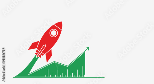 Conceptual illustration depicting market growth and business launch with rocket ship and chart
