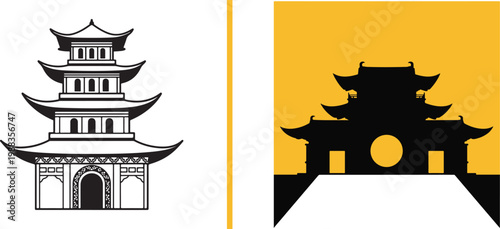 Asian architecture vector icons set with multi-tiered pagoda and temple silhouette for travel and cultural design projects