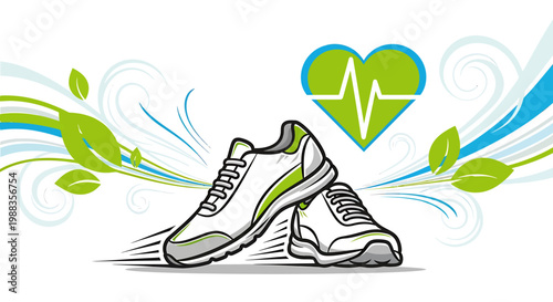 Healthy lifestyle and fitness concept with running shoes, a heart rate monitor, and green leaves representing nature and well-being