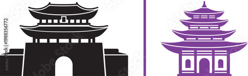 Traditional East Asian architecture vector icons featuring a Korean gate and a multi-tiered pagoda silhouette for travel and culture