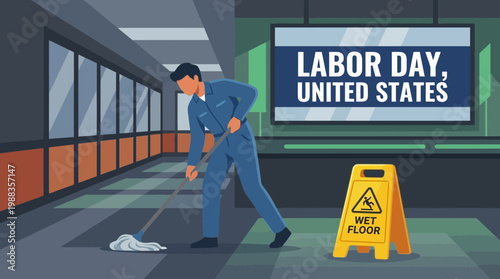 Professional cleaner mopping floor for United States Labor Day