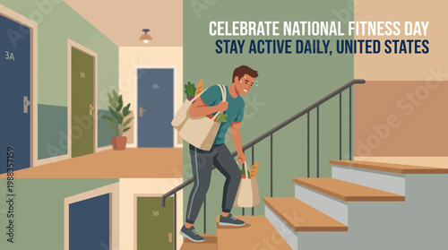 Man climbing apartment stairs with groceries for National Fitness Day