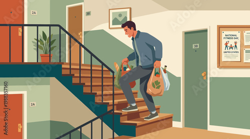 Man Carrying Heavy Grocery Bags Up Apartment Stairs Illustration