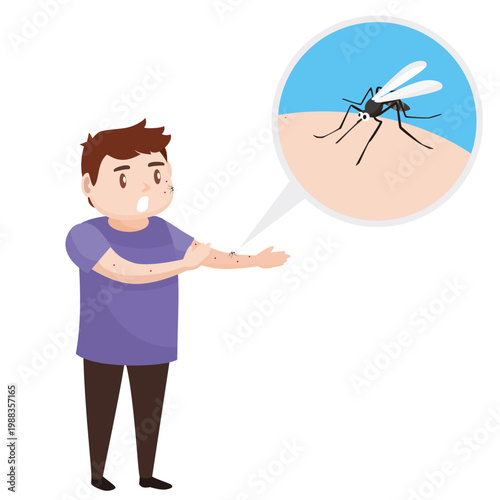 Boy with itchy mosquito bites on his arm and magnified insect view, child health and disease awareness concept in flat vector style