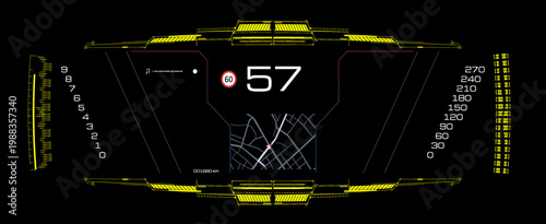 Futuristic heads up display for car shows digital speedometer, GPS map, and data. High tech graphic user interface has yellow and white elements on black screen, creating modern sci fi concept