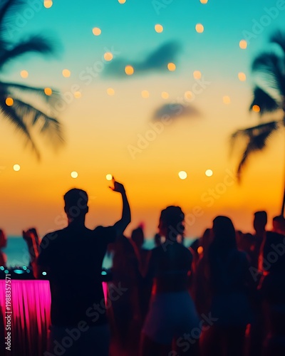 People silhouettes dancing at beach party music festival during sunset with neon lights.