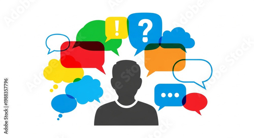 Man with speech bubbles around.