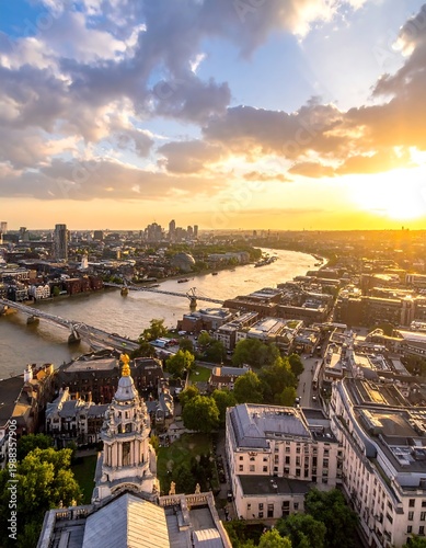 Golden hour illuminates sprawling city skyline with winding river