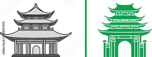 Traditional Asian pagoda temple vector illustration and green icon set for travel and cultural architecture design