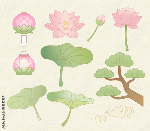 한국 전통 불교 스타일 연꽃과 소나무 일러스트 소스 세트, 연등과 구름 문양 Korean Traditional Buddhist Style Lotus and Pine Tree Illustration Set, Lantern and Cloud Patterns