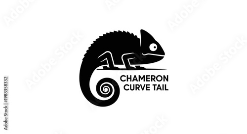 Black Chameleon Silhouette with Curled Tail and Text