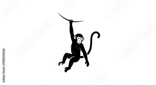 Black monkey silhouette hanging from vine, playful primate illustration, white background