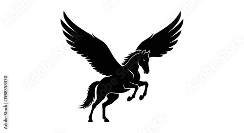 Black Pegasus Silhouette Flying with Wings Spread Wide on White Background