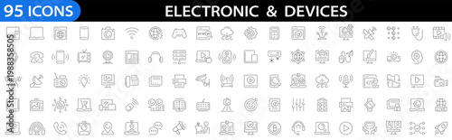Technology and Electronics and Devices web icon set in line style. Computer, device, phone, laptop, communication, e-commerce, smartphone and more. Vector illustration