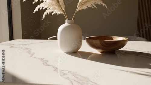 Serene sunlight illuminating a minimalist table with a white vase and wooden bowl in a cozy indoor setting