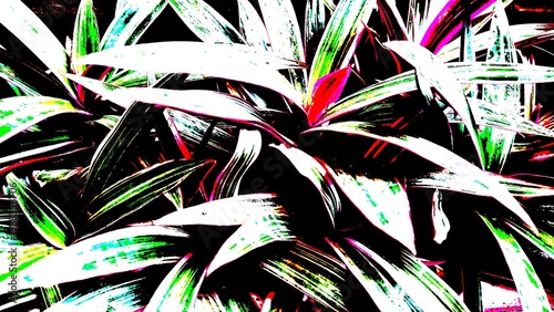 Vibrant high-contrast tropical leaves with neon glowing edges and deep shadows. Abstract botanical illustration style perfect for modern posters, backgrounds, and edgy graphic designs.