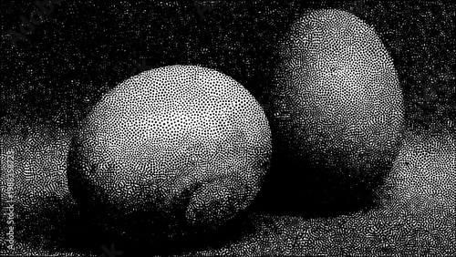 Vintage stipple art illustration of two eggs. High-contrast grainy texture and dotwork style creating a moody, retro aesthetic. Perfect for minimalist art and unique graphic design projects.