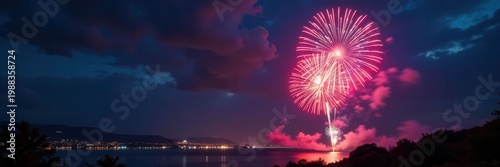 Brilliant fireworks illuminate dark sky, vibrant colors , vibrant, event