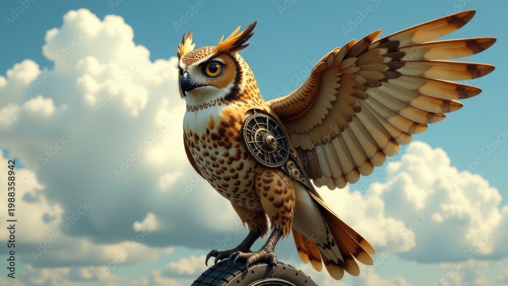 Obraz premium A wise owl sits atop a worn-out tire in a desolate environment