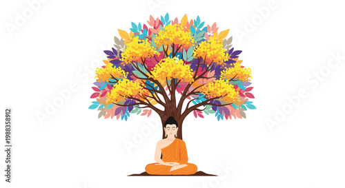 A centered Buddha figure meditates peacefully beneath a perfectly symmetrical tree canopy filled with dense yellow flowers and vibrant multi-colored foliage.