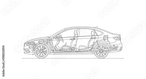 Automotive Engineering Schematic - Modern Sedan Vehicle Cutaway Illustration