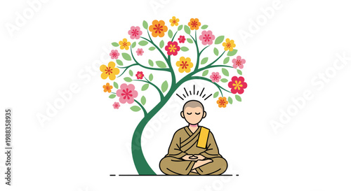 A minimalist cartoon style monk meditates calmly under a slender green tree decorated with large stylized pink and yellow flowers against a white background.