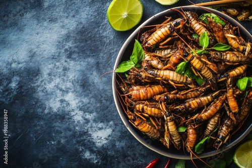 Exotic Asian food - fried insects, copyspace