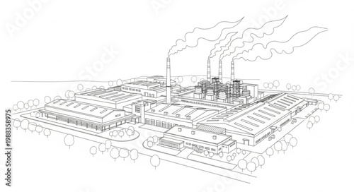 Industrial factory with smoke stacks emitting pollution.