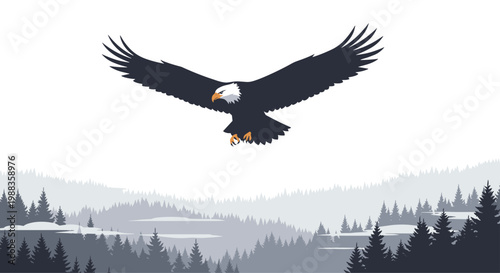 An eagle glides gracefully over a layered misty forest of pine trees with the background fading into a soft atmospheric gray under a bright white sky.