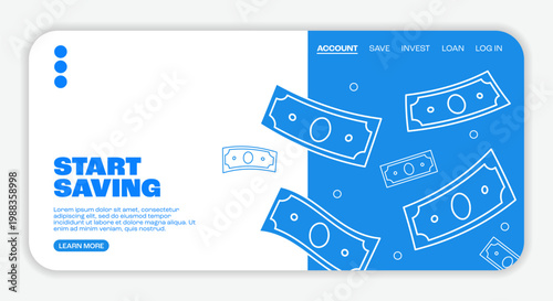 Web landing page header for finance and saving with floating blue and white outline bank notes on a clean white background