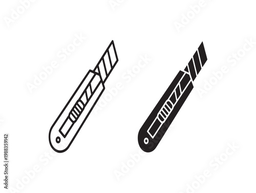 Two black and white illustrations of utility knives with retractable blades