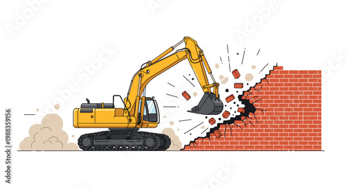 A powerful yellow tracked excavator aggressively demolishes a sturdy red brick wall under bright studio lighting against a clean minimalist backdrop.