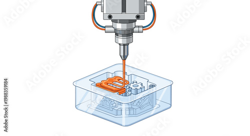 An advanced industrial 3D printer nozzle precisely extrudes vibrant orange plastic filament to manufacture intricate mechanical gears in a clear box.