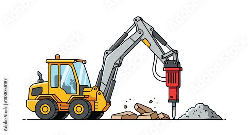 A specialized yellow construction tractor utilizes a powerful red hydraulic breaker to pulverize hard grey stones in a clean professional studio setting.