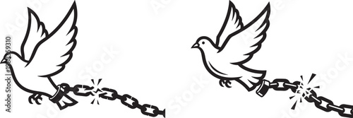 Two doves flying with broken chains symbolizing freedom white background break free outstretched wings illustration new beginning symbolism