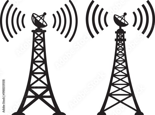 Two communication towers broadcasting signals with communication tower radio tower broadcasting transmission wireless technology telecommunicati