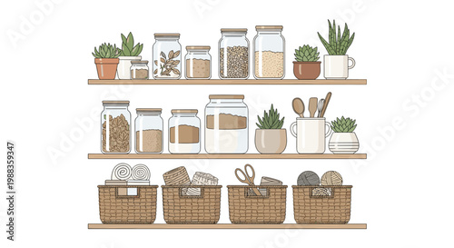 Three wooden shelves are filled with glass jars of grains and potted succulents alongside woven baskets containing rolls of colorful yarn and craft supplies.