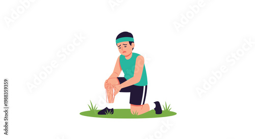 A male athlete in a teal tank top and black shorts kneels on a patch of green grass while holding his pained and injured knee after a workout session.